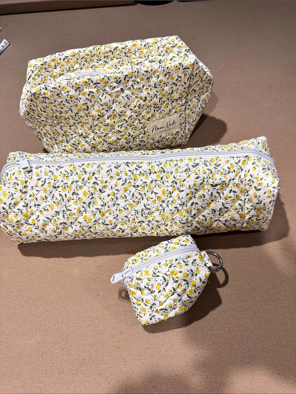 New Moon Nude 3-Piece Floral Cosmetic Bag Set White & Yellow